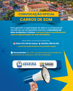 Prefeitura de Araruna convoca proprietários de carros de som para cadastramento obrigatório