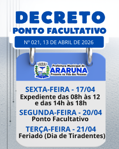 Prefeitura de Araruna publica decreto de ponto facultativo na próxima segunda-feira